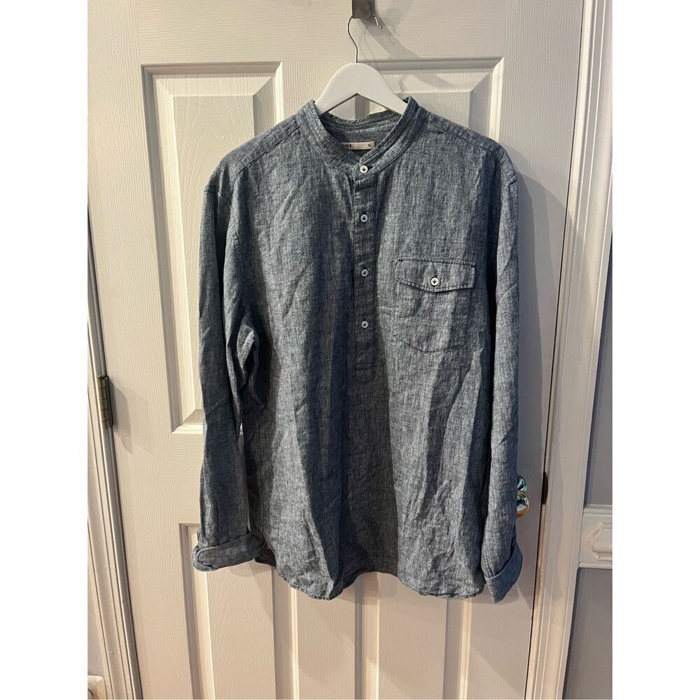 ONS Mens Blue Chambray Linen Blend Half Button Down Shirt XL EUC